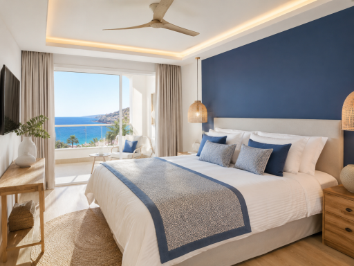 Vacacional playa Habitación moderna con vista al mar, cama amplia y decoración en tonos azul y blanco.
