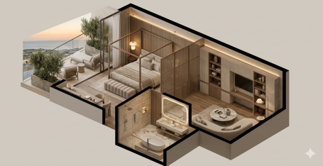 Render 3D de suite de hotel en Madrid Render 3D de suite de hotel en Madrid con dormitorio, salón, baño y terraza exterior.