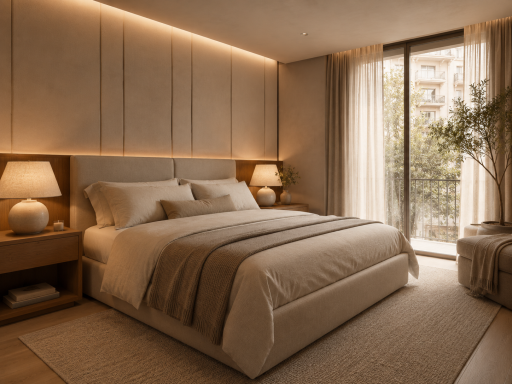 Restyling Vivienda Premium Dormitorio moderno en tonos neutros con luz suave y ventanales.