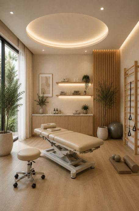 Sala de fisioterapia funcional Sala pequeña de clínica de fisioterapia con camilla, zona de ejercicio terapéutico, luz natural y mobiliario integrado.