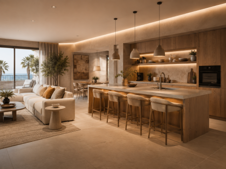 Cocina abierta en adosado de Palma de Mallorca Cocina abierta con isla y salón de adosado en Palma de Mallorca, con vistas al mar, madera natural e iluminación cálida.