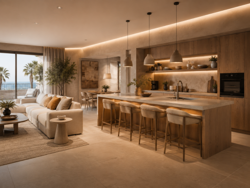 Vivienda Vacacional (VV) Cocina moderna con barra de desayuno, sofás claros y vistas al mar. Iluminación cálida.