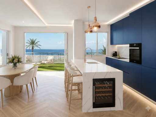 Vacacional playa Cocina moderna con vistas al mar, mesa de comedor y mobiliario elegante.