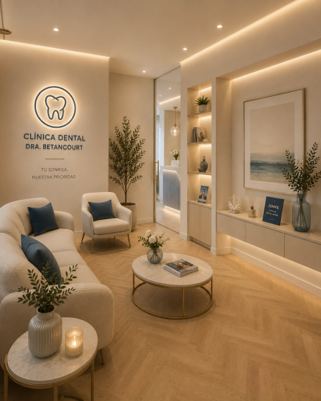 Sala de espera de clínica dental en Madrid Sala de espera de clínica dental en Madrid con mobiliario acogedor, iluminación cálida y elementos naturales.