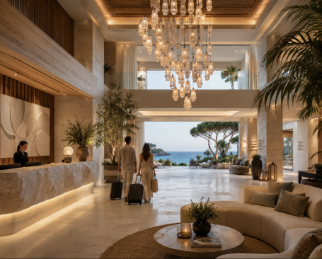 Lobby de hotel en Menorca Lobby de hotel en Menorca con recepción de piedra, iluminación escultórica, vegetación y vistas al mar.