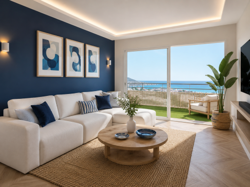 Vacacional playa Salón moderno con vistas al mar, decoración elegante y tonos azules y neutros.