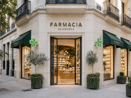 Fachada de farmacia en el barrio de Salamanca Fachada de farmacia moderna en el barrio de Salamanca, Madrid, con grandes escaparates, cruz verde y diseño exterior elegante.