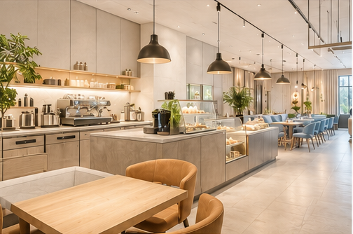 Hospitality Cafetería moderna con mobiliario elegante y plantas decorativas.