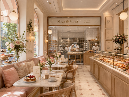 Salón de panadería y pastelería en Madrid Salón de panadería y pastelería en el barrio de Salamanca con mesas de mármol, bancos tapizados y obrador visible.