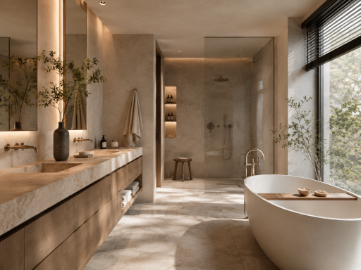 Restyling Vivienda Premium Baño moderno con lavabo de madera, bañera independiente y decoración minimalista.