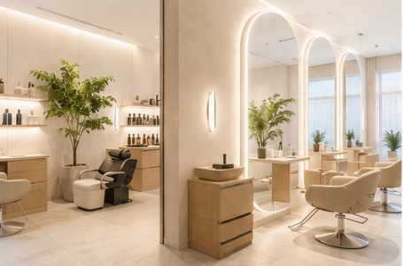 Salón de belleza y peluquería Salón de belleza y peluquería con puestos de peinado, zona de lavado, mobiliario integrado e iluminación cálida.