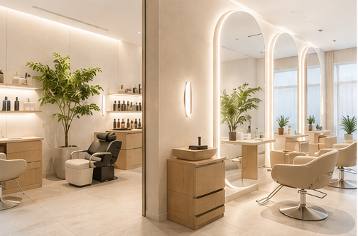 Wellness Interior de un salón de belleza moderno con iluminación suave y plantas decorativas.