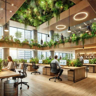 Oficina sostenible con abundante vegetación, mobiliario de madera natural y grandes ventanas que permiten la entrada de luz natural, promovi
