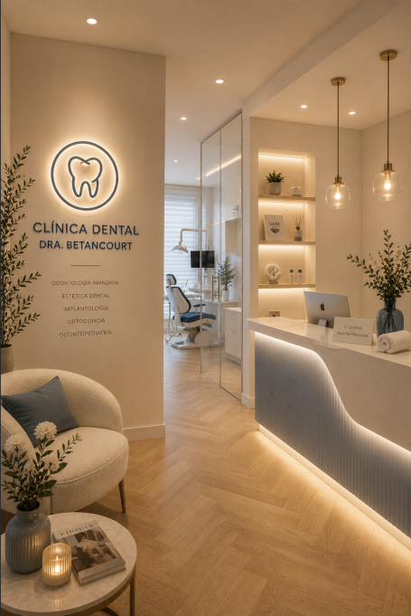 Recepción de clínica dental en Madrid Recepción de clínica dental en Madrid con mostrador iluminado, sala de espera y acceso a gabinete.
