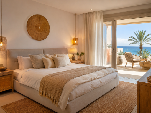 Vacacional playa Habitación luminosa con cama grande, decorada en tonos claros y vista al mar.