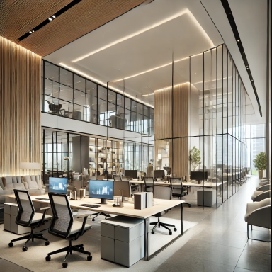 Oficina moderna con espacios abiertos, muebles ergonómicos y particiones de vidrio, creando un ambiente profesional y minimalista.