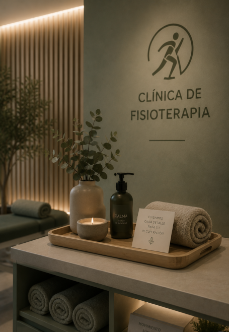 Detalles de clínica de fisioterapia Detalles de bienvenida en clínica de fisioterapia con toallas, productos de cuidado, vela y elementos naturales.
