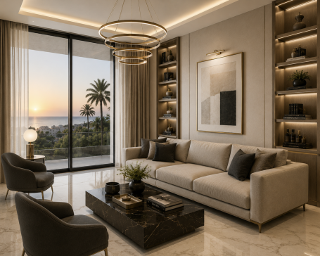 Apartamento premium en Palma de Mallorca Salón de apartamento premium en Palma de Mallorca con vistas al exterior, mobiliario elegante e iluminación cálida.
