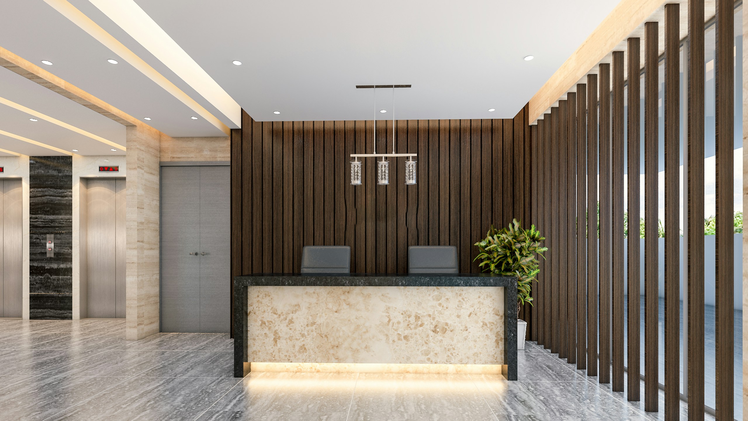 Laminado HPL en recepción Laminado HPL de madera en una recepción comercial