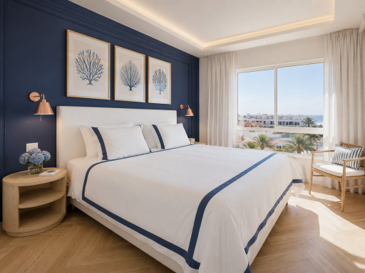 Vacacional playa Habitación luminosa con cama doble, paredes azules y vistas al exterior. Decoración moderna.