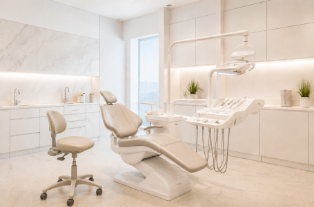 Clínica dental en Madrid Gabinete de clínica dental en Madrid con sillón odontológico, mobiliario clínico integrado e iluminación uniforme.