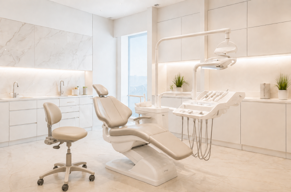 Clínicas y salud privada Consulta dental moderna con silla, escritorio y decoración en tonos claros.