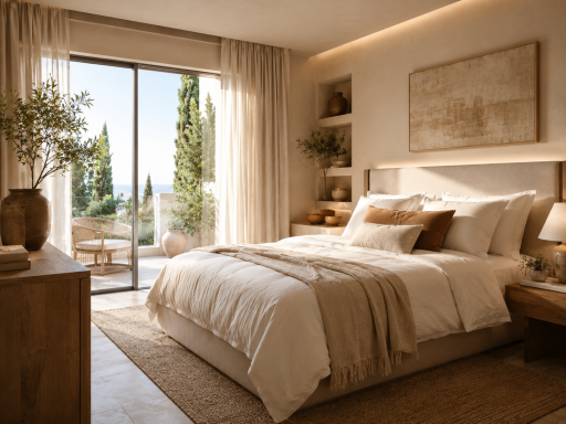 Vivienda Vacacional (VV) Dormitorio luminoso con cama elegante, decorado en tonos neutros y vista a la naturaleza.