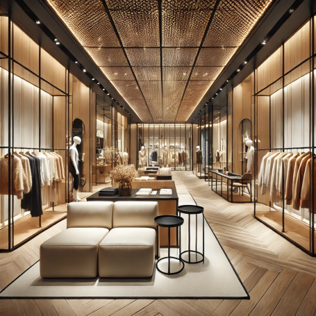 Tienda de ropa en Las Rozas, Madrid Interior de tienda de ropa en Las Rozas, Madrid, con exposición perimetral, zona central de descanso e iluminación integrada.