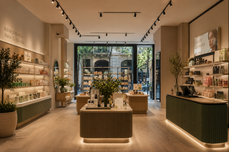 Tienda de cosmética natural en Madrid Interior de tienda de cosmética natural en Madrid con expositores iluminados, mobiliario central y materiales cálidos.
