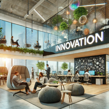Oficina colaborativa con zonas de reunión informales, muebles modulares y paredes interactivas, diseñadas para potenciar la creatividad y la