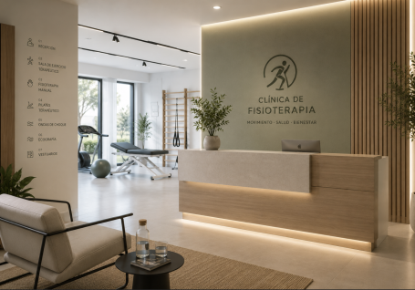 Recepción de clínica de fisioterapia en Murcia Recepción de clínica de fisioterapia en Murcia con mostrador iluminado, sala de espera y zona de tratamiento al fondo.