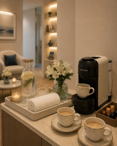 Amenities en clínica dental de Madrid Amenities en sala de espera de clínica dental en Madrid con café, agua, flores y detalles de bienvenida para pacientes.