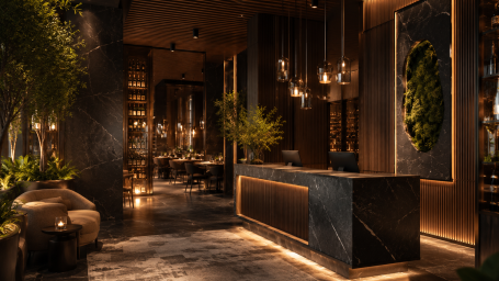 Recepción de restaurante moderno de lujo en Madrid Recepción de restaurante moderno de lujo con mostrador en mármol, iluminación cálida, madera oscura y vegetación integrada.