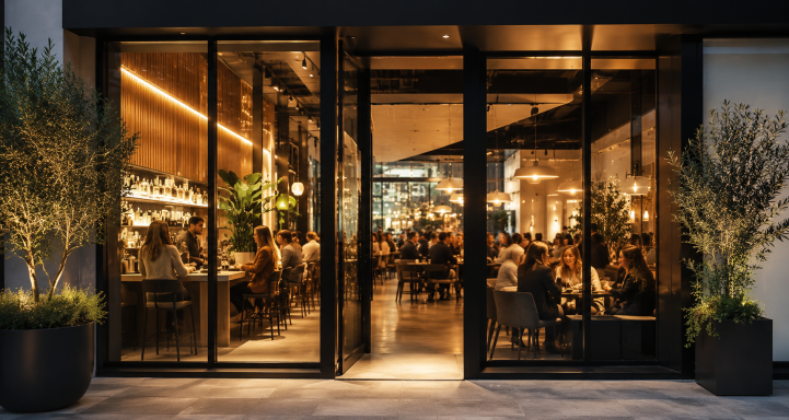 Hospitality Restaurante moderno con grandes ventanales, mesas ocupadas y ambiente acogedor.