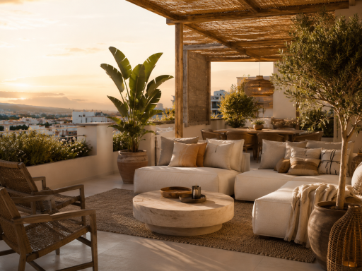 Vivienda Vacacional (VV) Terraza acogedora con sofá, plantas y vista al atardecer. Ambiente relajante.