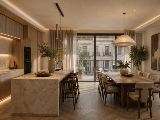 Restyling Vivienda Premium Cocina moderna y luminosa con comedor, iluminación suave y plantas decorativas.