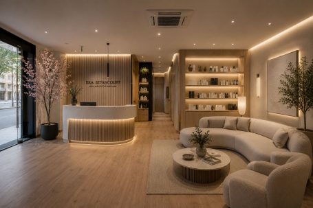 Recepción de clínica estética en Madrid Recepción de clínica estética en Madrid con mostrador curvo, sala de espera, iluminación cálida y mobiliario integrado.