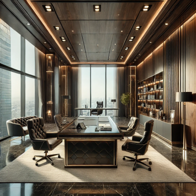 Oficina ejecutiva de lujo con escritorio de madera oscura, asientos de cuero y una vista panorámica de la ciudad, reflejando un diseño cómod