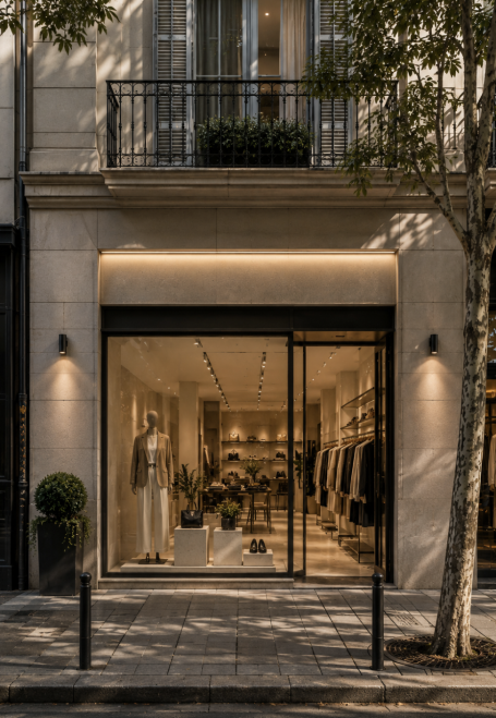 Tienda de moda en el barrio de Salamanca Escaparate de tienda de moda en el barrio de Salamanca, Madrid, con fachada elegante, iluminación cálida y acceso acristalado.