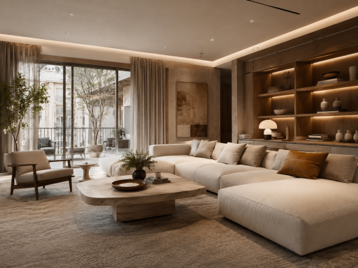 Restyling Vivienda Premium Sala moderna y acogedora con sofá grande, mesa baja y ventanales al exterior.