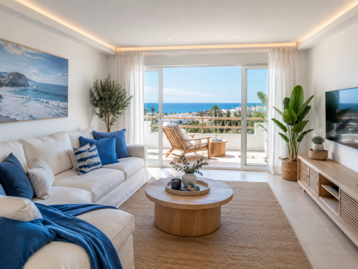 Vacacional playa Salón luminoso con vistas al mar, sofá blanco, decoración en tonos azules y plantas.