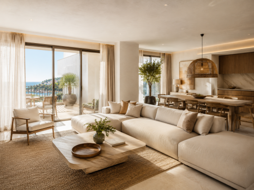 Vivienda Vacacional (VV) Sala de estar luminosa con vistas al mar y decoración moderna y acogedora.
