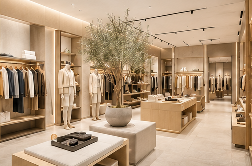 Retail especializado Tienda de ropa moderna con maniquíes, estantes y una planta en el centro.