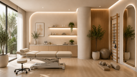 Clínica de fisioterapia en Madrid Clínica de fisioterapia en Madrid con camilla de tratamiento, luz natural, mobiliario integrado y zona de ejercicio terapéutico.