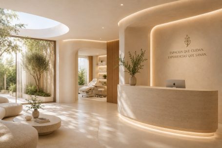Clínica estética y dental en Málaga Recepción de clínica estética y dental en Málaga con iluminación integrada, materiales naturales y ambiente luminoso.