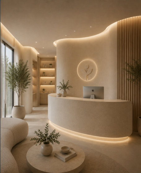 Recepción de clínica de podología en Madrid Recepción de clínica de podología en Madrid con mostrador curvo, iluminación integrada y materiales naturales.