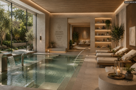 Spa de hotel en Madrid Spa de hotel en Madrid con piscina interior, tumbonas, iluminación cálida y vistas a un jardín.