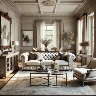 Sala de estar de estilo transicional con mobiliario elegante y decoración clásica, diseñada por Suárez & Co. Interiorismo. 