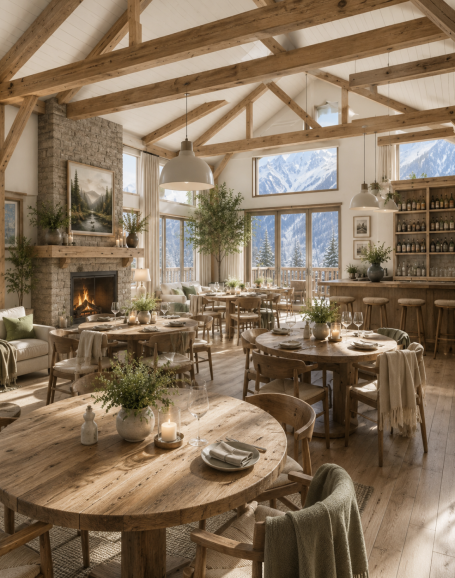 Restaurante de hotel boutique en Sierra Nevada Restaurante de hotel boutique en Sierra Nevada, Granada, con madera natural, chimenea de piedra y vistas a la montaña.