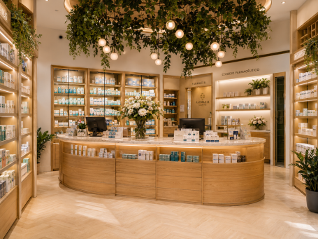 Mostrador de farmacia moderna en Madrid Mostrador de farmacia moderna en Madrid con madera natural, iluminación cálida, vegetación y exposición ordenada de productos.